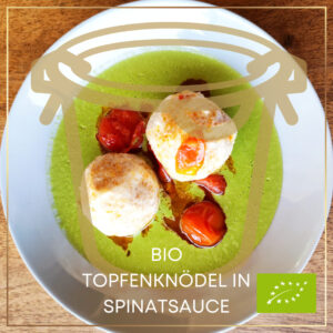 BIO Topfenknödel in Spinatsauce mit Schmortomaten (Gaia)